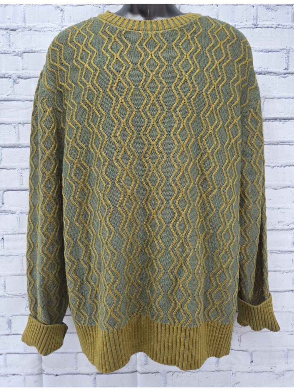 Houston White Green & Mustard Knit Sweater Large Acrylic Rayon Wool Blend